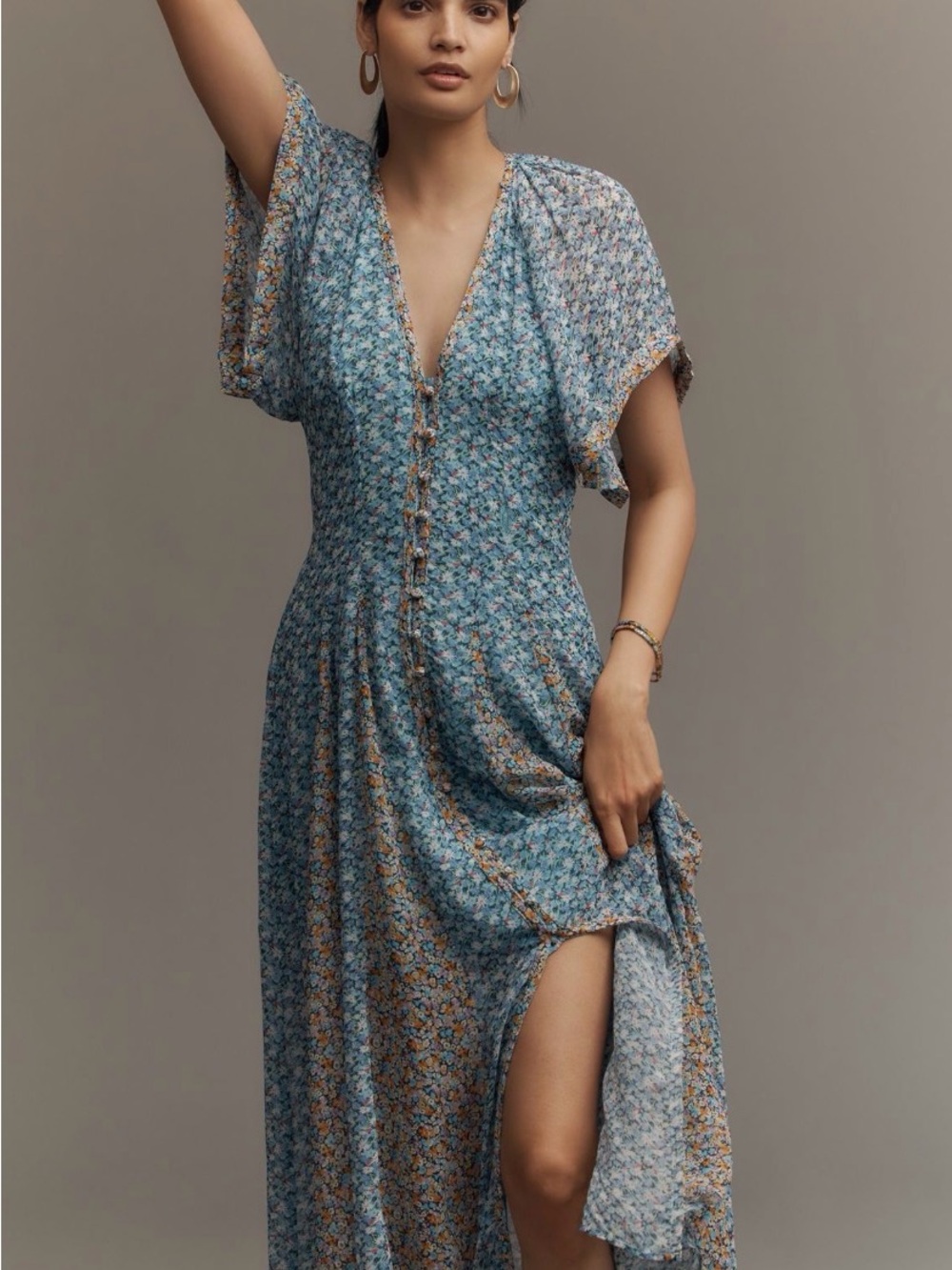 Maeve Smoked Pleated Button-Front Maxi Dress